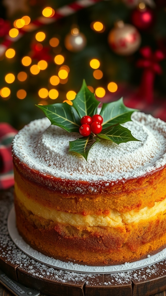 A decorated Christmas cake with icing sugar, holly leaves, and berries, set in a festive holiday atmosphere.